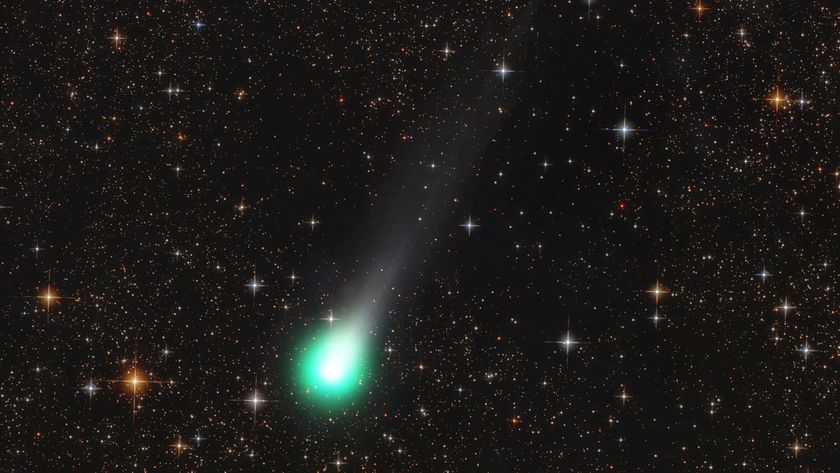 A green ball of light showing comet Lemmon streaks across an orange and black night sky full of stars. 