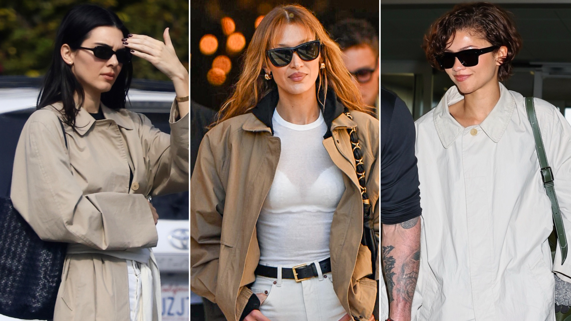 collage of celebrities wearing the spring uniform of a camel jacket and flats