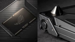 The Asus ROG Azoth Extreme's nameplate and detachable magnetic legs.