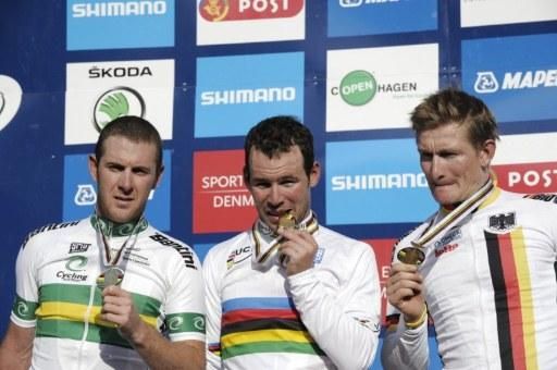 The men's podium: Matt Goss, Mark Cavendish, Andre Greipel
