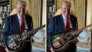 Trump holding an LP-style guitar (left) and Trump with an acoustic guitar (right)