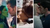 Three sci-fi couples kissing: Peter Quill & Gamora, Han Solo & Leia, and Nurse Chapel & Spock