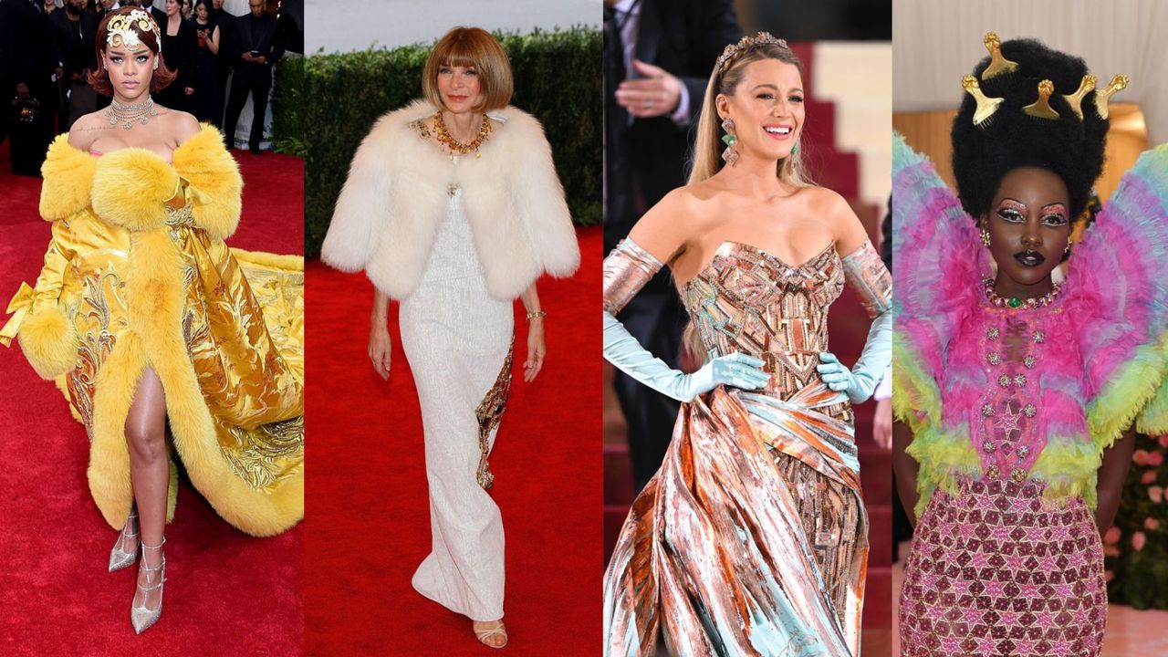 4 pictures of celebrities at the Met Gala. L-R: Rihanna, Anna Wintour, Blake Lively and Lupita Nyong&#039;o.