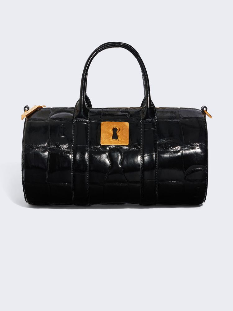 A black leather croc embossed bag