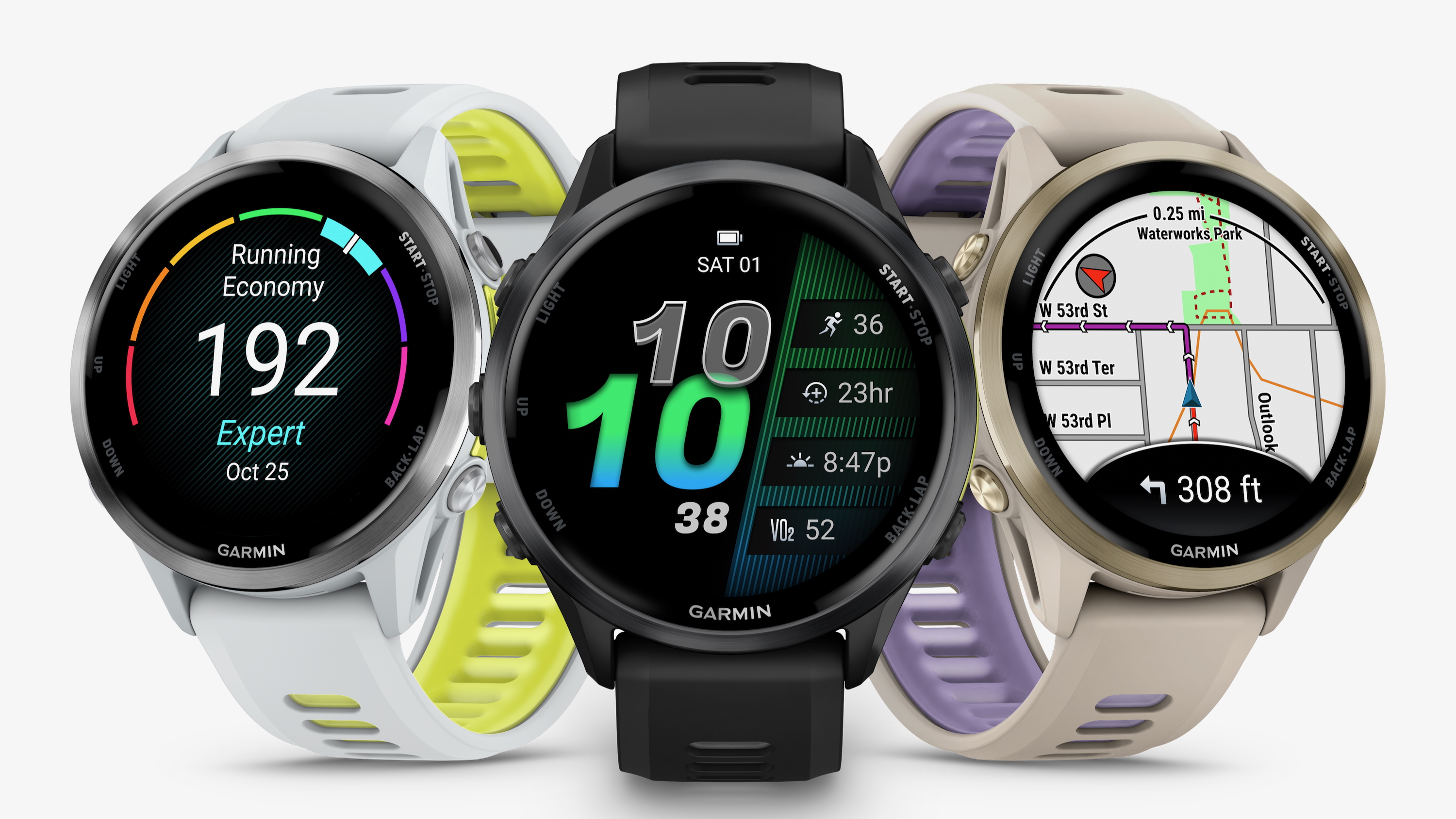 The three Garmin Forerunner 970 models rendered in white space in a line, showing a watch face, Running Economy widget, and a map view
