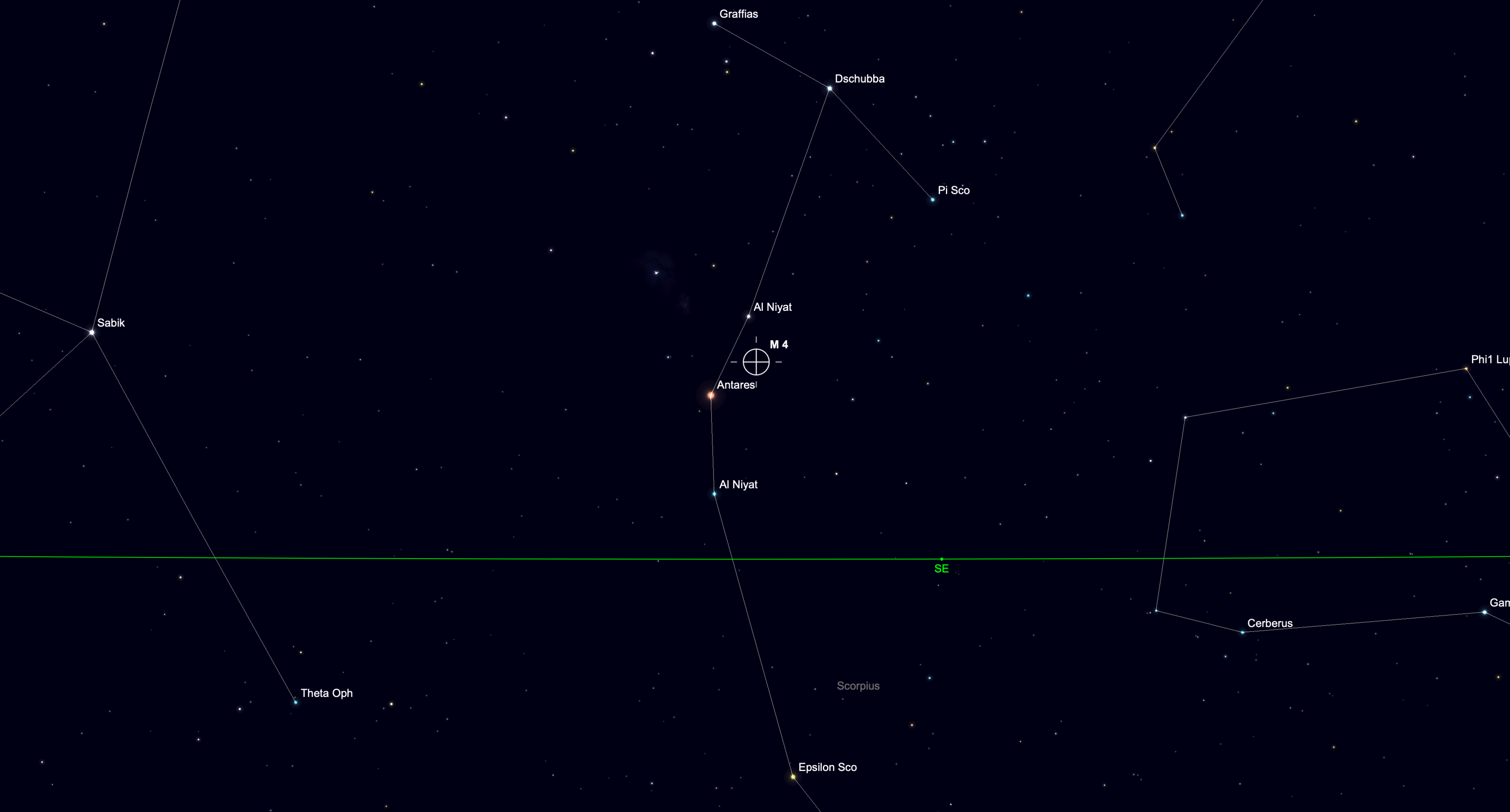 The globular cluster M44 appears near the bright red star Antares in Scorpus.