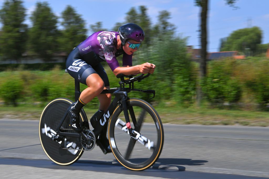 INGELMUNSTER BELGIUM JUNE 16 Lotte Kopecky of Belgium during the 122th Belgian Road Championship 2021 Womens Individual Time Trial a 249km race from Ingelmunster to Ingelmunster ITT bkingelmunster belgiancycling on June 16 2021 in Ingelmunster Belgium Photo by Luc ClaessenGetty Images