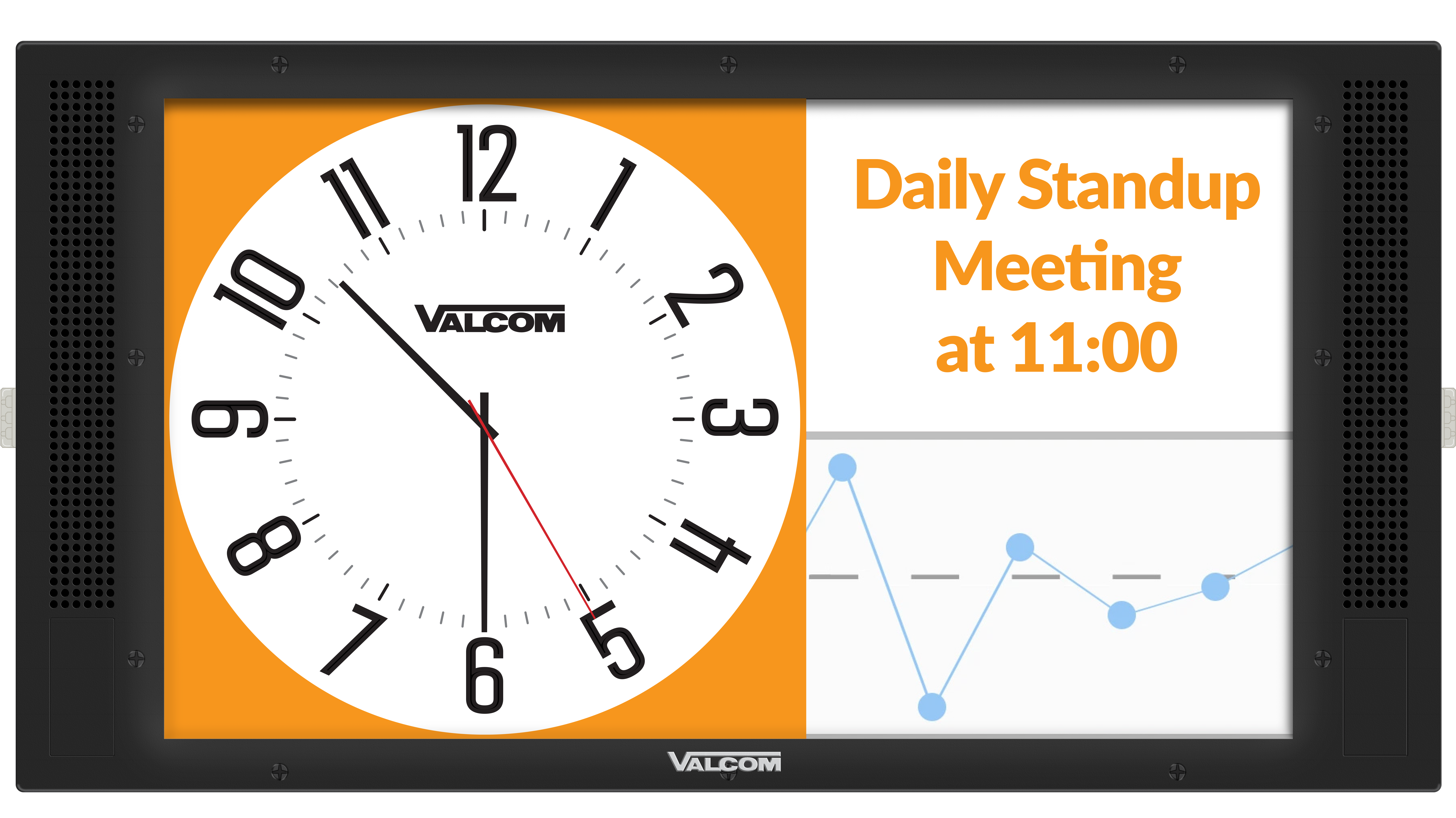 An image of a clock announcing a meeting on a touchpanel display. 