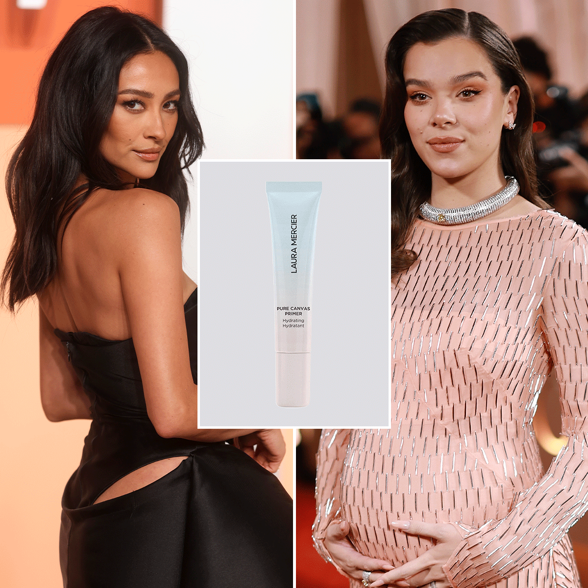 A collage of Shay Mitchell and Hailee Steinfeld on the red carpet, with a GIF of red-carpet beauty products in the center