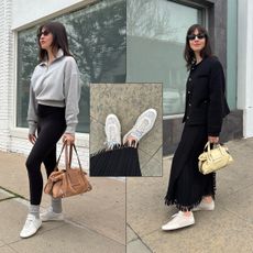 Kat Collings posing in Jimmy Choo sneakers and handbag.