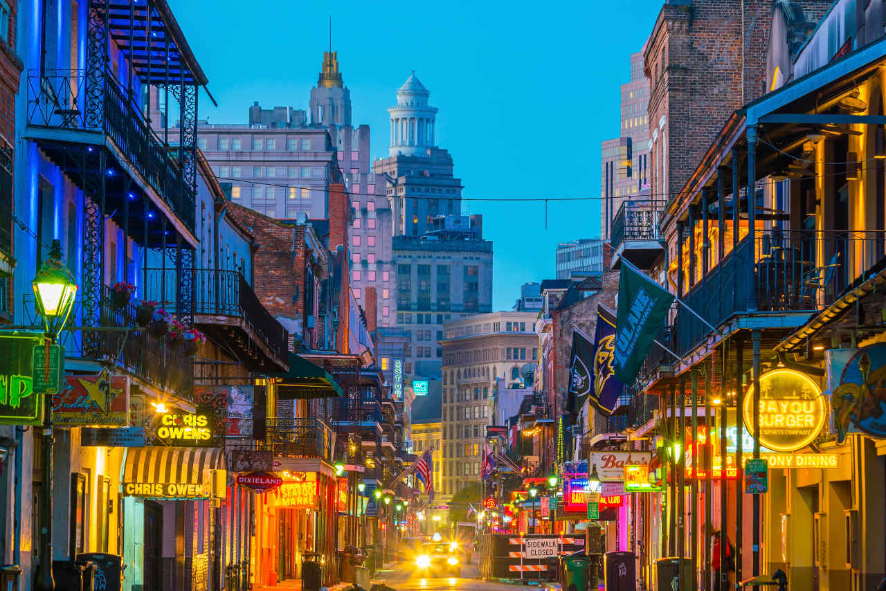 Pubs and bars with neon lights in the French Quarter, New Orleans