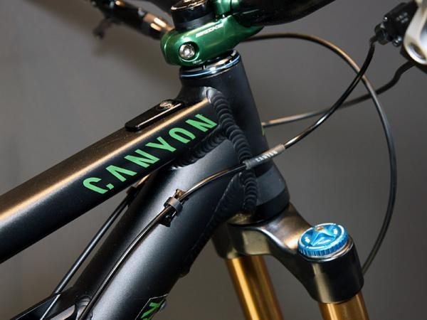 The tapered head tube on Canyon's new Torque FRX uses internal bearing cups. The cap on the top tube provides an access point for the upcoming crop of internally routed dropped seatposts.