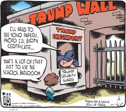 Political Cartoon U.S. Donald Trump border wall school bathroom trans rights