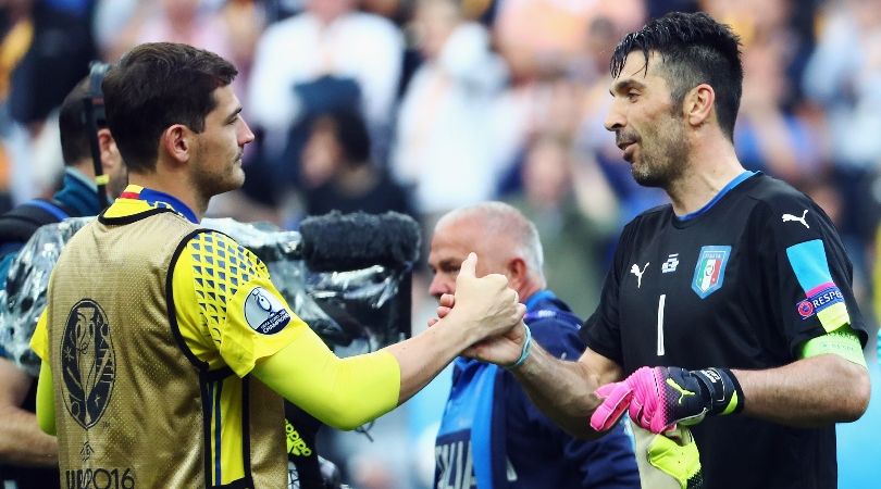 Iker Casillas greets Gianluigi Buffon after Italy&#039;s win over Spain at Euro 2016.