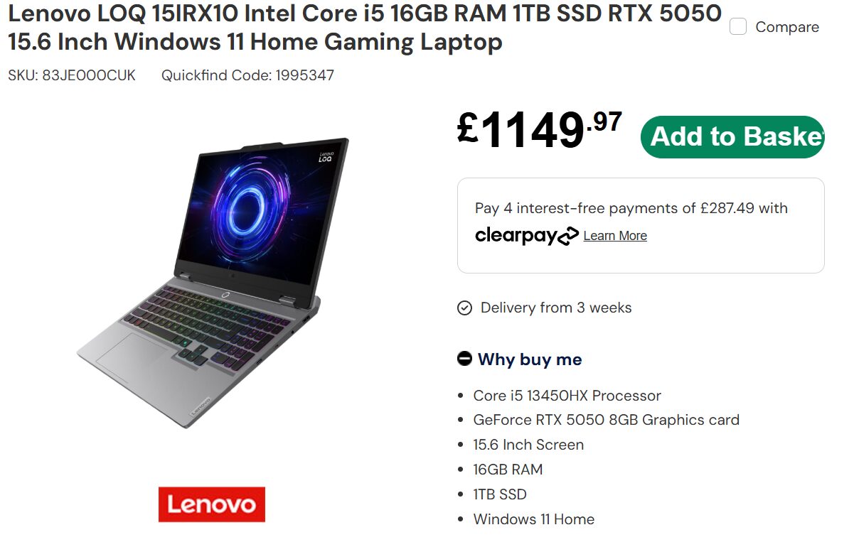 Screenshots of product listings of Lenovo LOQ and Legion laptops listed to come with RTX 5050 mobile GPUs