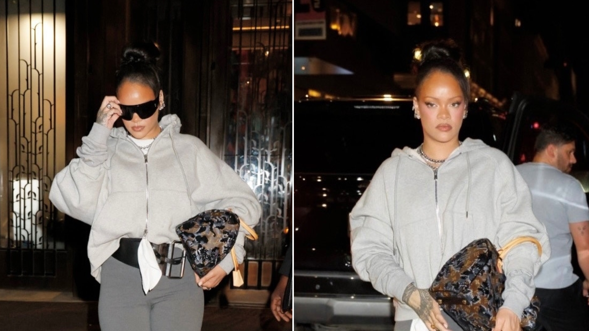 Rihanna wears gray sweats paired with a sold-out Louis Vuitton emblem bag covered in velvet and sequins