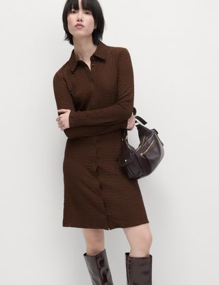 Textured Collared Button Through Mini Column Dress