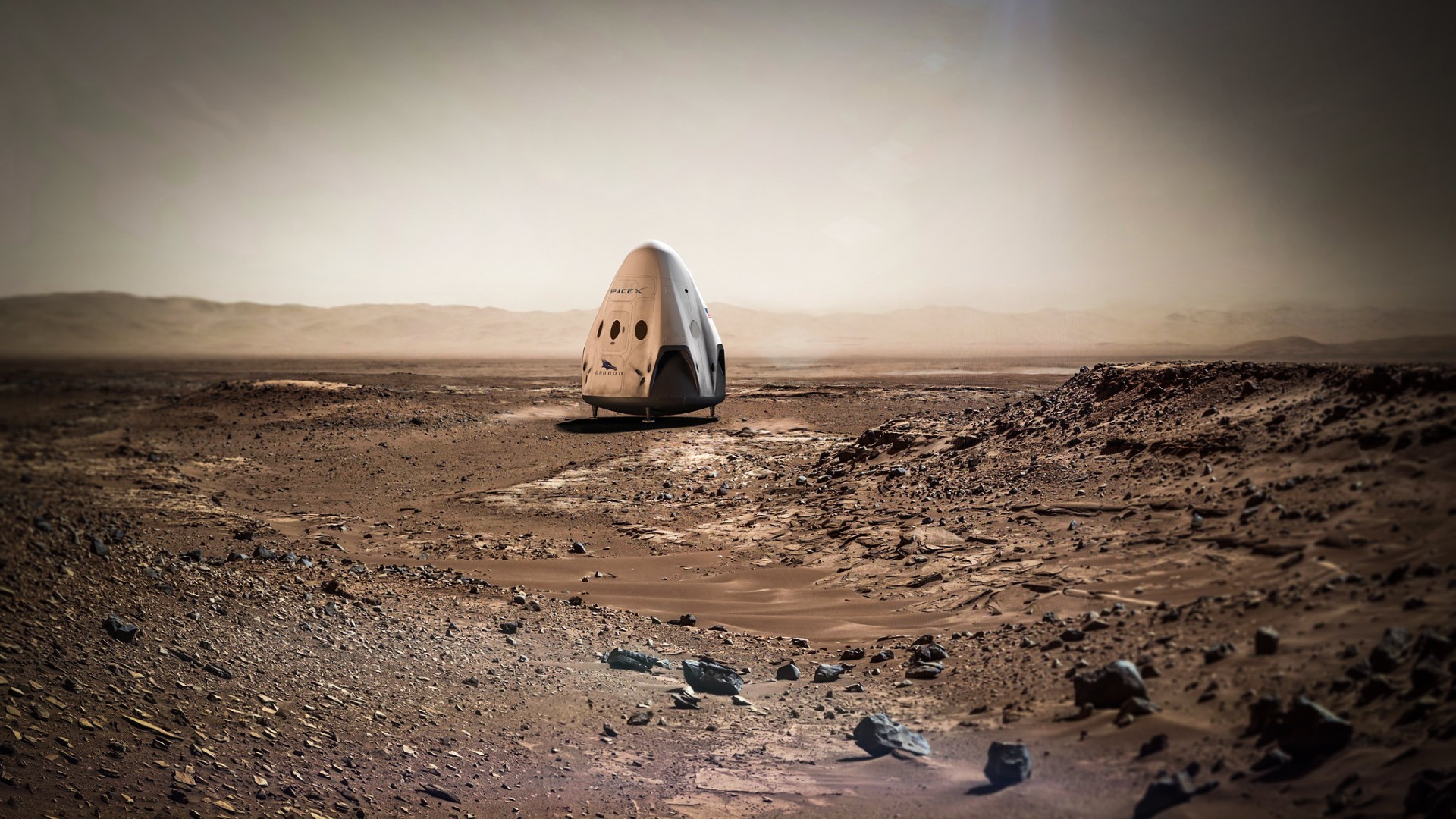 Ilustracja przedstawiająca lądowanie kapsuły SpaceX Dragon na Marsie.