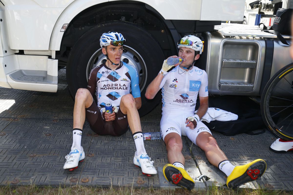 Romain Bardet and AG2R teammate Pierre Latour recover after the effort