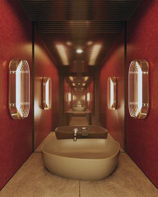 bathroom with large white bathtub and red walls