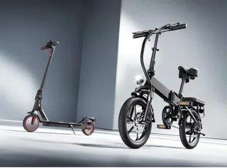 A studio image of an iScooter electric scooter and E-bike