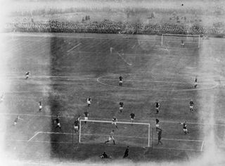 Overhead view of the FA Cup final between Liverpool and Burnley, played at Crystal Palace, in 1914.