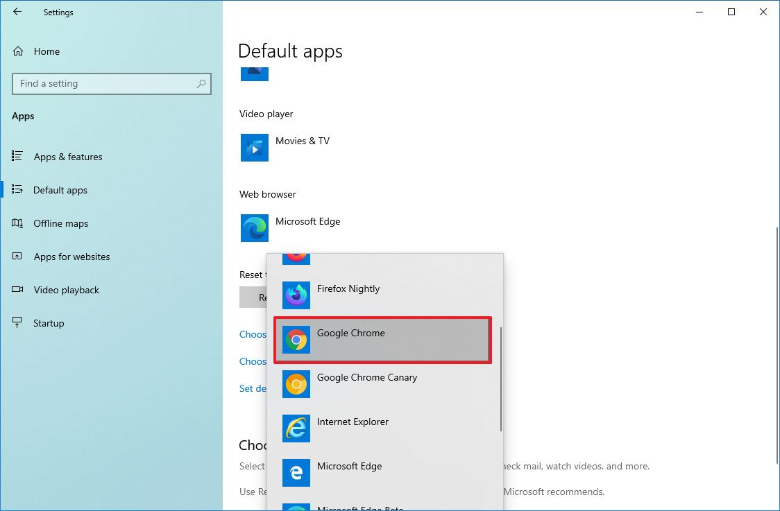 Windows 10 set Chrome default browser