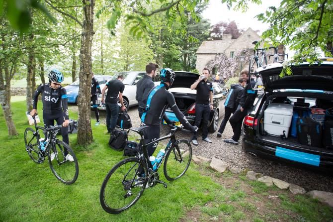 The Team Sky riders gather before their reconnaissance