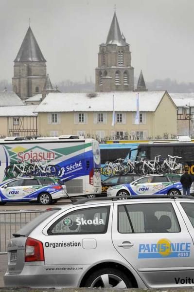 Snow was on the ground at the revised start of stage three at Paris-Nice