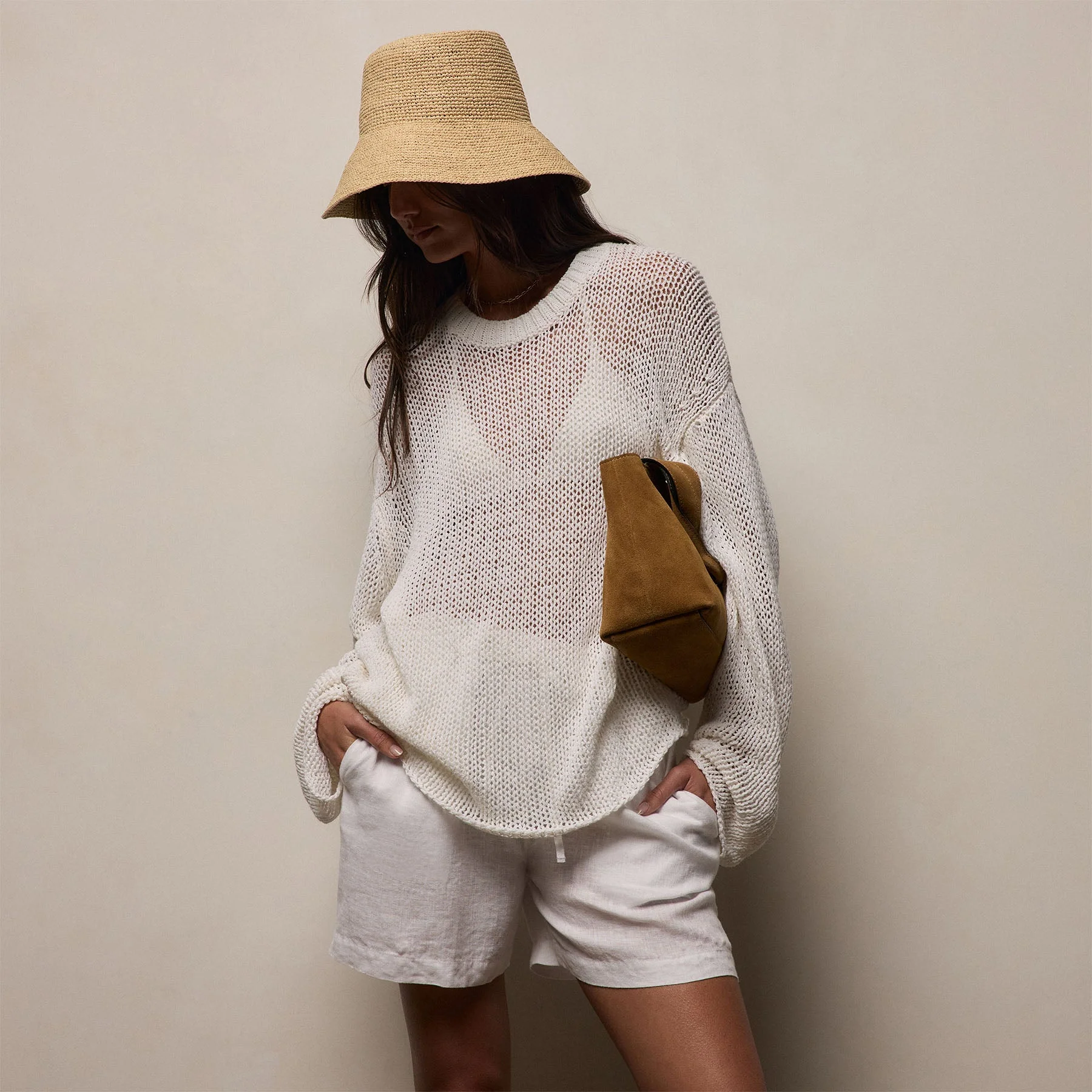 James Perse Los Angeles, Oversized Cotton Linen Beach Sweater - Off White | James Perse Los Angeles