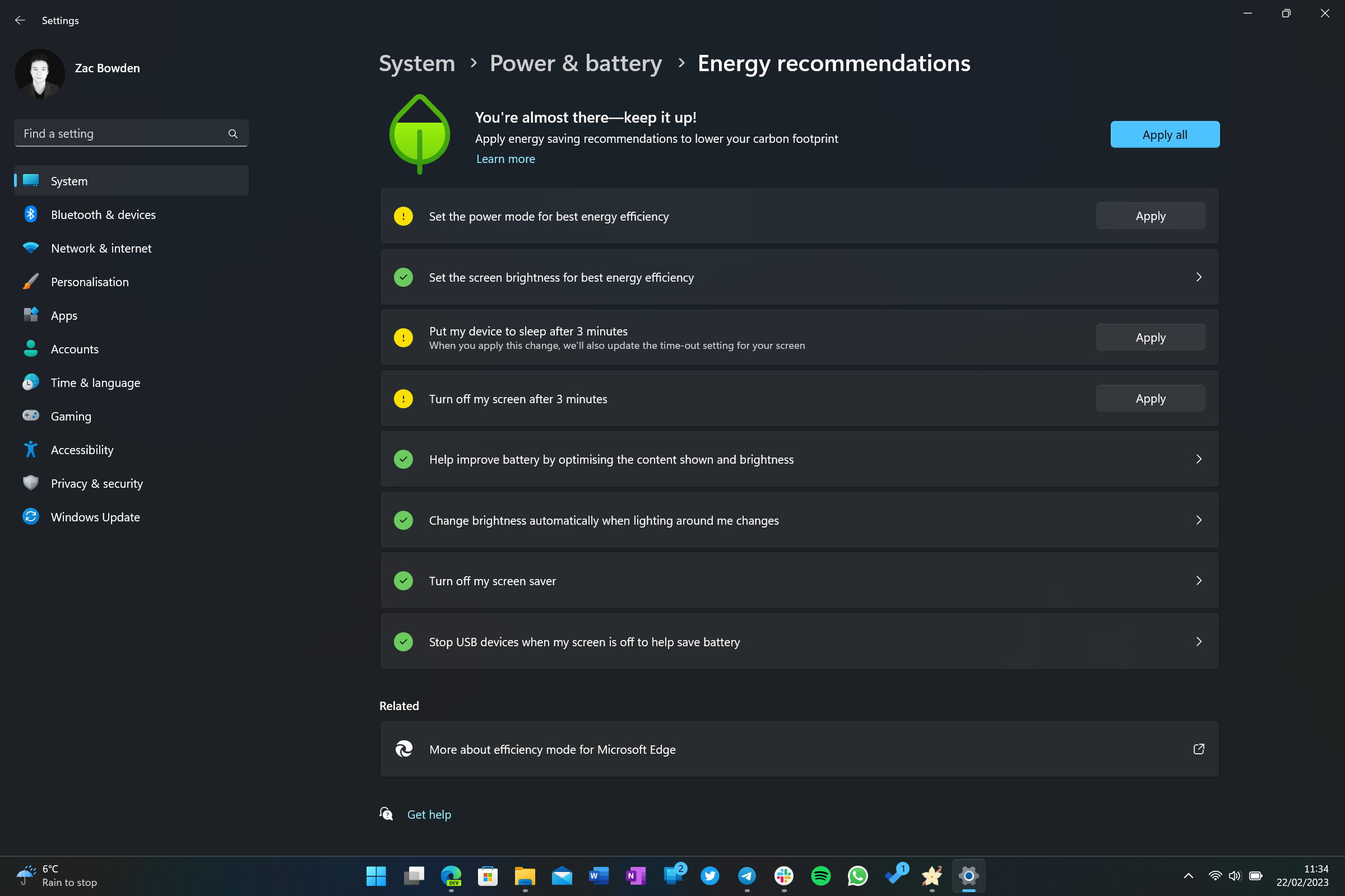 Windows 11 energy recommendations