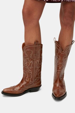 Brown Mid Shaft Embroidered Western Boots