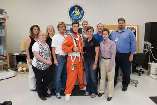 TV comedian Stephen Colbert undergoes astronaut training at NASA's Johnson Space Center in 2010.