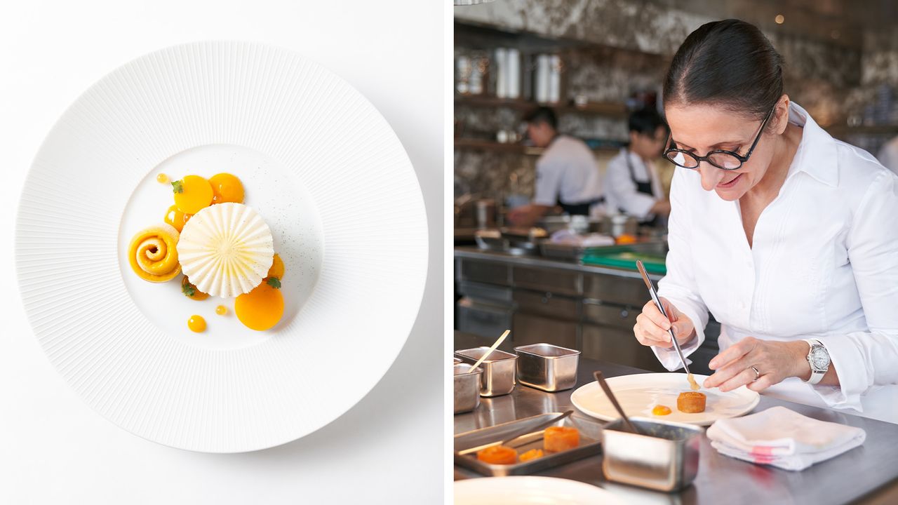 Plate of food from Cristal Room restaurant Hong Kong, and chef Anne Sophie Pic at work