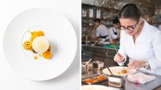 Plate of food from Cristal Room restaurant Hong Kong, and chef Anne Sophie Pic at work