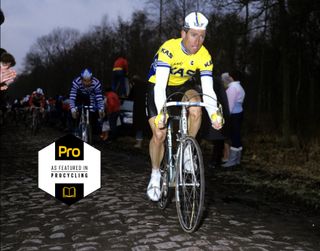 Sean Kelly (Kas) tames the cobbles en route to victory at the 1986 Paris-Roubaix