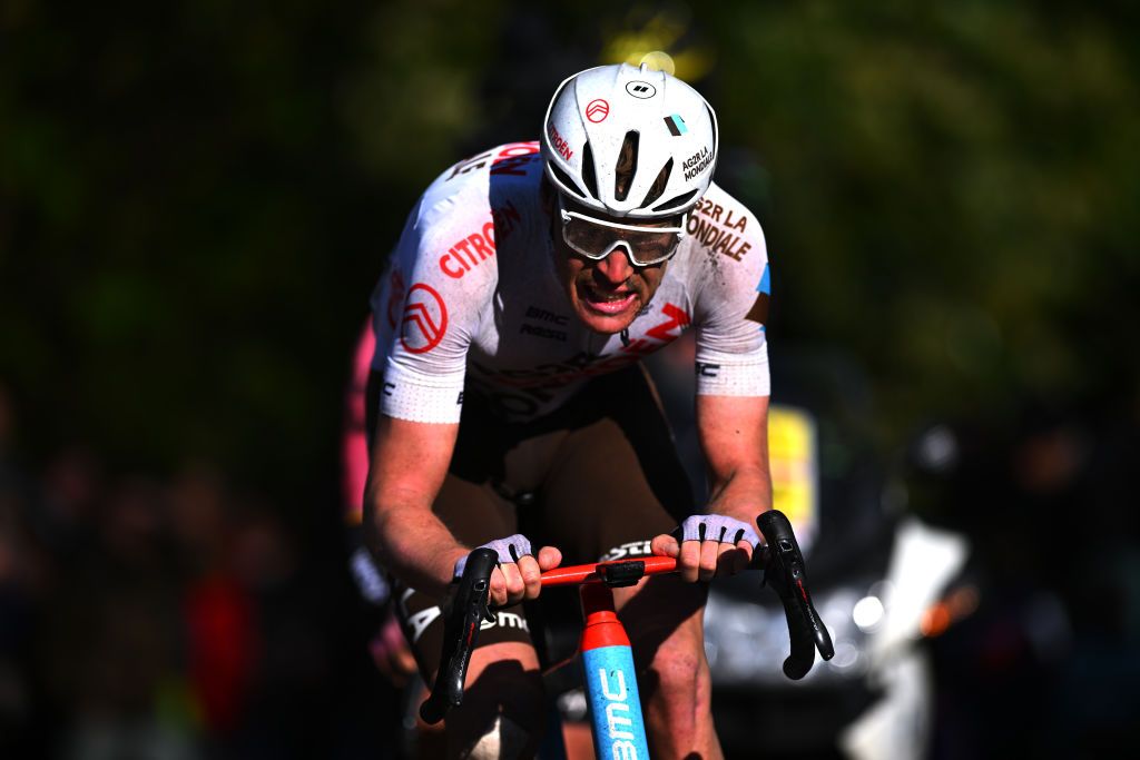 OVERIJSE BELGIUM APRIL 12 Dorian Godon of France and AG2R Citron Team competes in the breakaway during the 63rd De Brabantse Pijl La Fleche Brabanconne 2023 Mens Elite a 2051km one day race from Leuven to Overijse on April 12 2023 in Overijse Belgium Photo by Luc ClaessenGetty Images