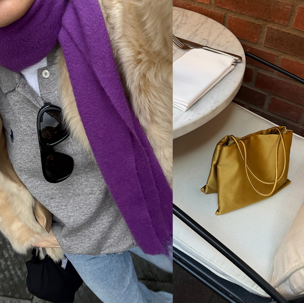 Collage of a woman wearing a purple scarf with a gray sweatshirt and jeans and a satin The Row Cecily bag