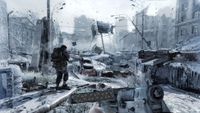 A lone soldier walks through a snow-covered, bombed-out city street, passing wrecked cars and rubble beneath damaged buildings in a bleak, tense war scene.