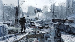 A lone soldier walks through a snow-covered, bombed-out city street, passing wrecked cars and rubble beneath damaged buildings in a bleak, tense war scene.