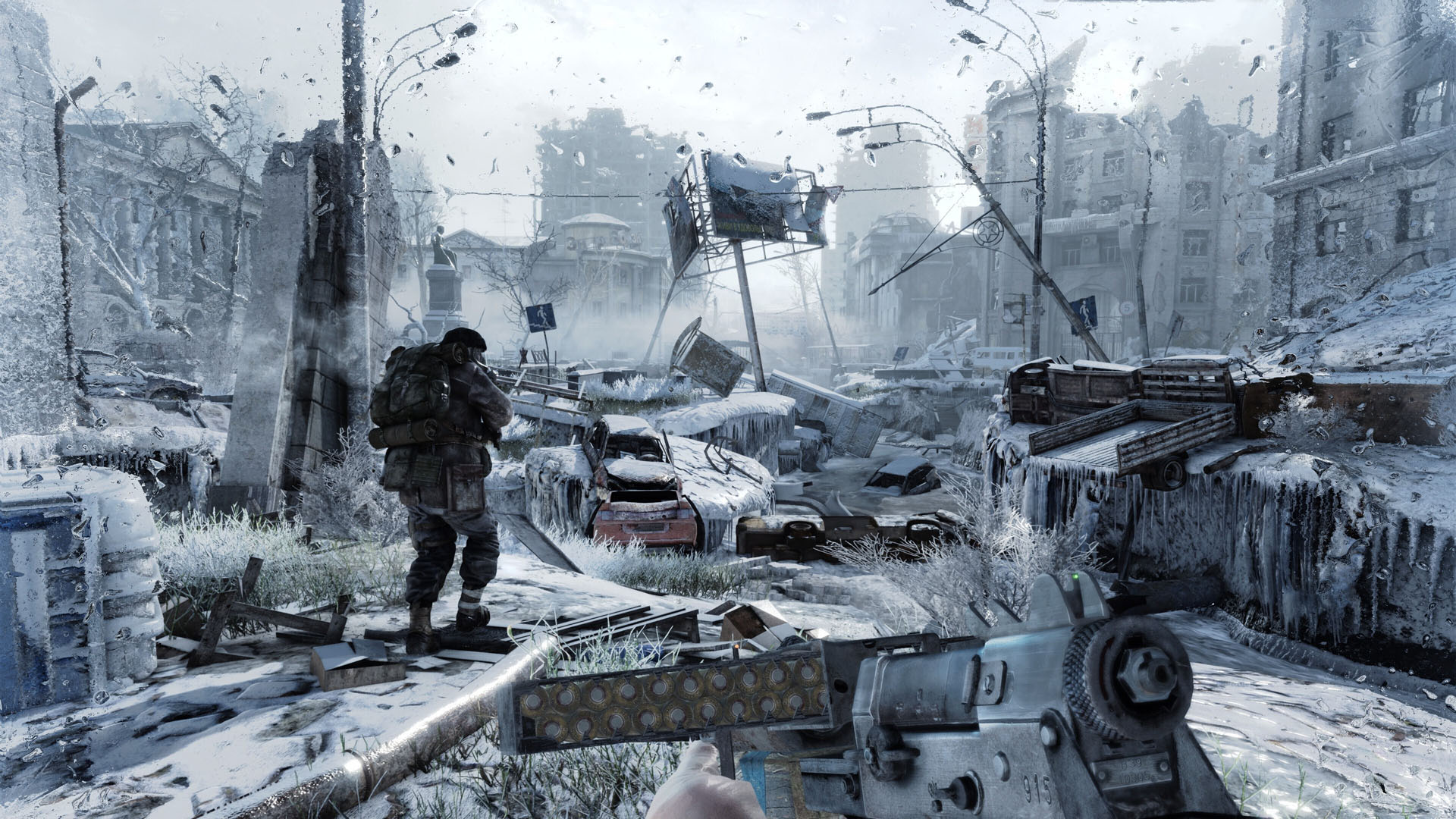 A lone soldier walks through a snow-covered, bombed-out city street, passing wrecked cars and rubble beneath damaged buildings in a bleak, tense war scene.