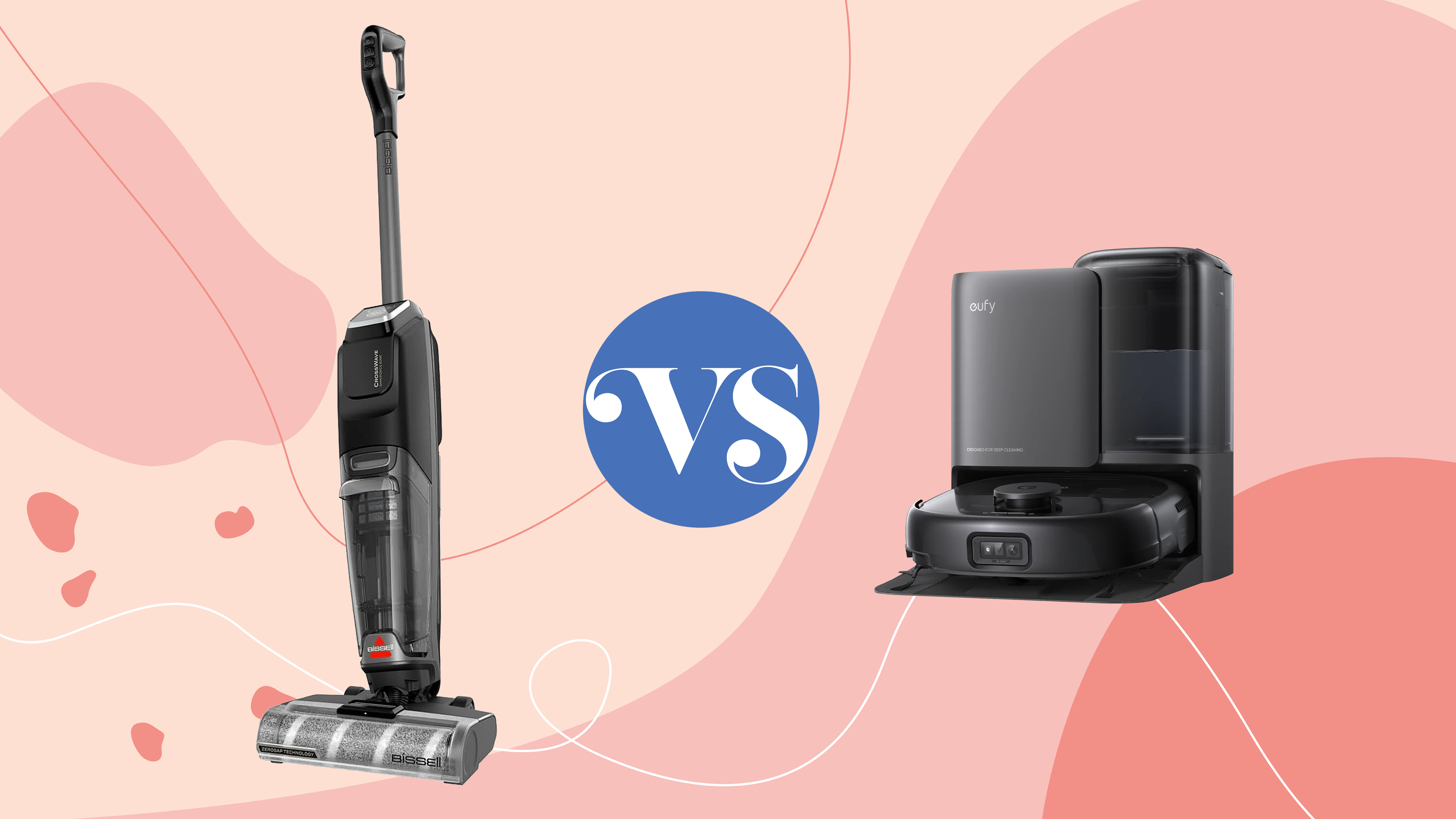 Bissell vacuum mop and Eufy robot vacuum on a pink background