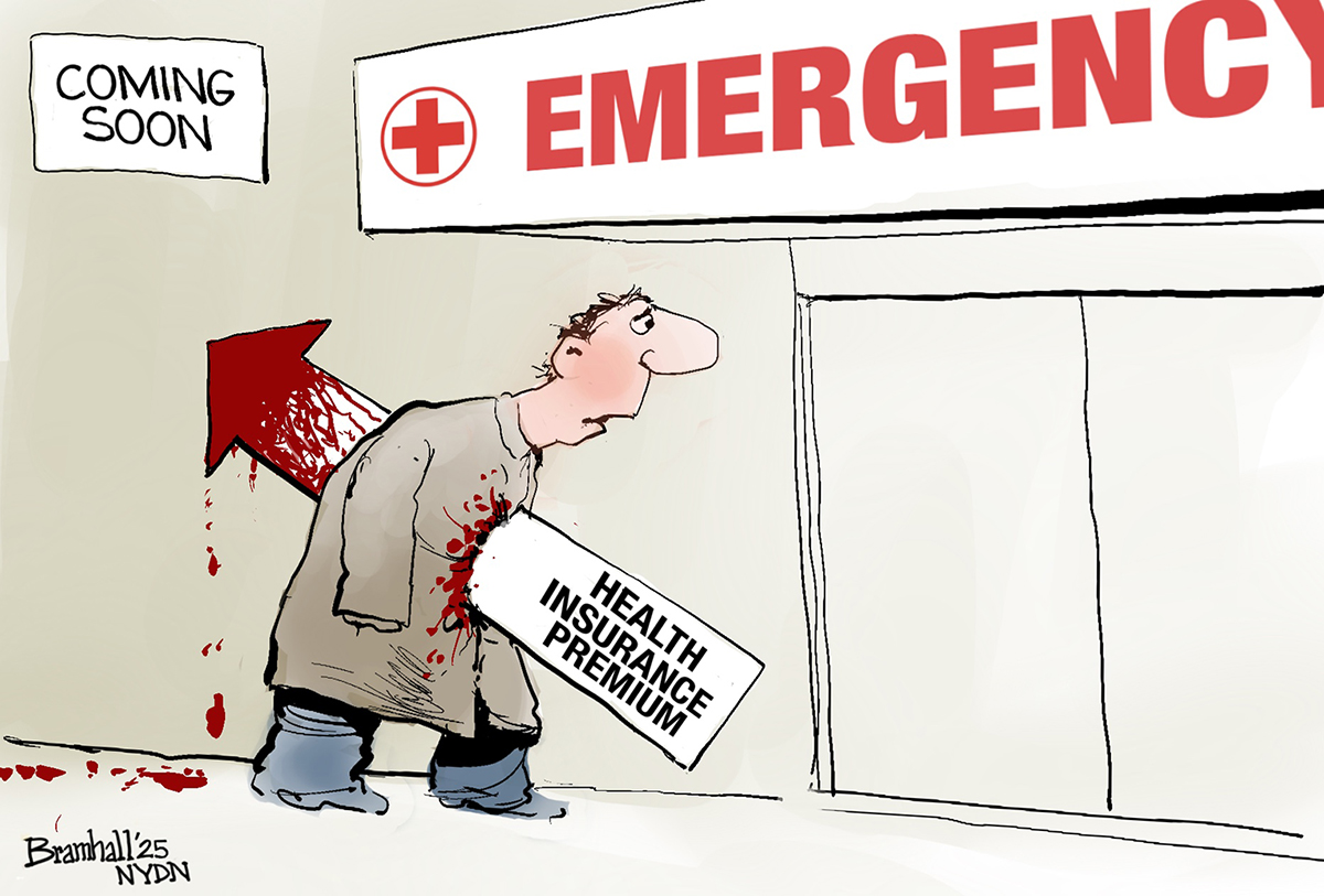 A gravely wounded man stumbles into an emergency room. His wound is bloody and he has been impaled by an arrow pointed straight up that is labeled &amp;ldquo;Health Insurance Premium.&amp;rdquo;