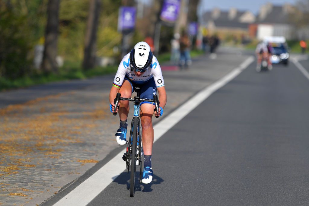 OUDENAARDE BELGIUM APRIL 04 Annemiek Van Vleuten of Netherlands and Movistar Team Women during the 18th Ronde van Vlaanderen Tour of Flanders 2021 Womens Elite a 1524km race frim Oudenaarde to Oudenaarde Attack Breakaway RVV21 rondevanvlaanderen tourofflanders UCIWWT on April 04 2021 in Oudenaarde Belgium Photo by Luc ClaessenGetty Images