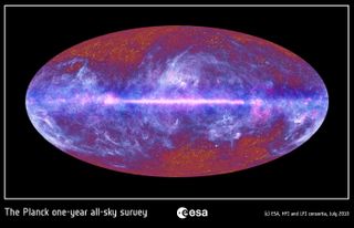 This all-sky image of the cosmic microwave background, created by the European Space Agency's Planck satellite, shows echoes of the Big Bang left over from the dawn of the universe.