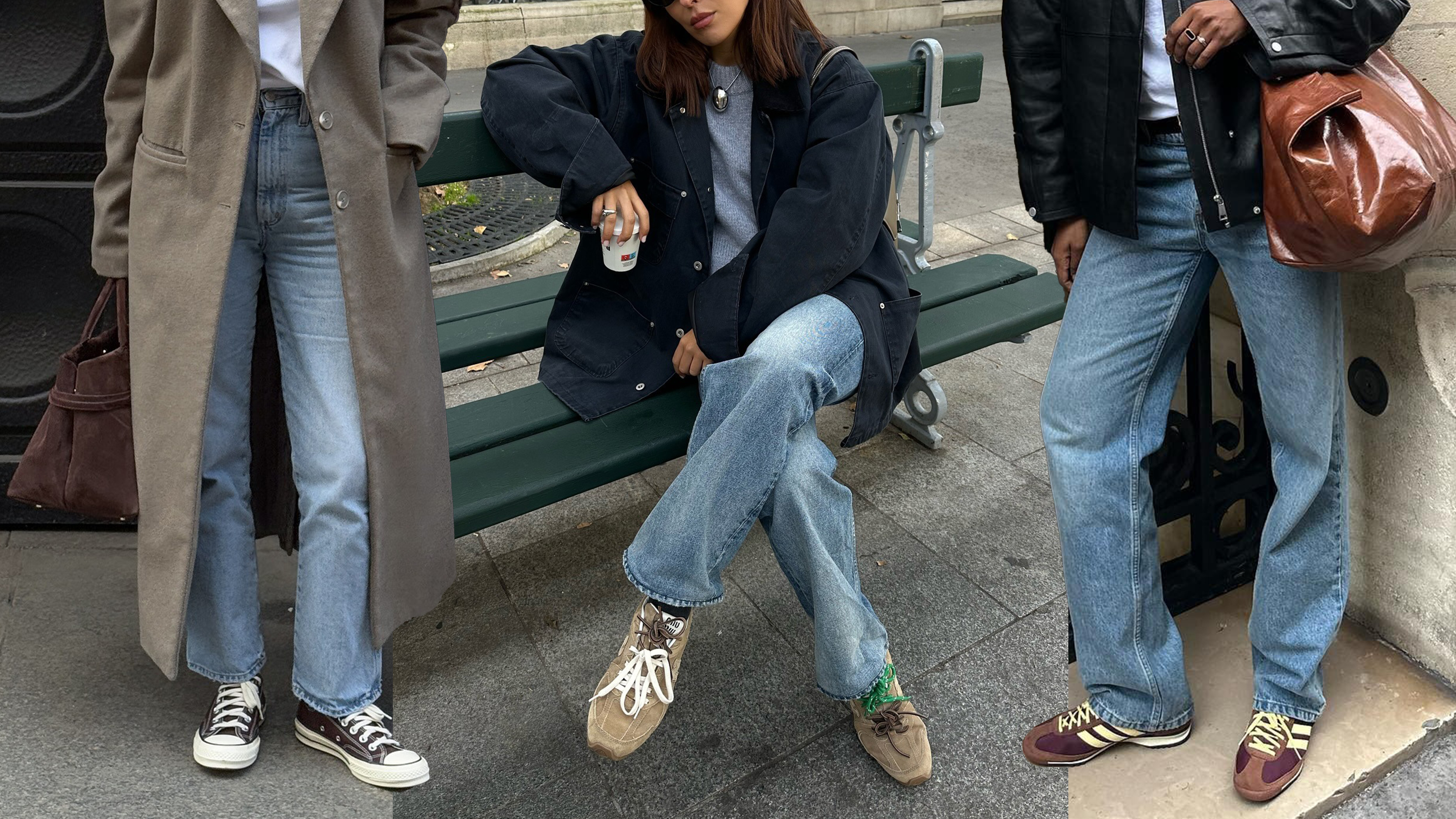 Influencer in blue jeans a brown converse. Influencer in blue jeans and suede MiuMiu sneakers. Influencer in blue jeans and Adidas SL72. 