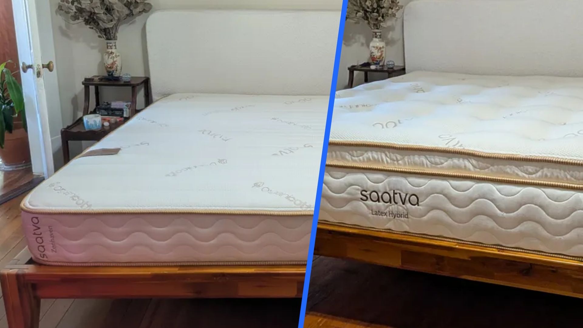 The image shows a cream Saatva mattress with gold piping on a wooden bed frame in a neutrally decorated bedroom. Inset to the right, a slightly different cream Saatva mattress with gold piping sits on the same wooden bed frame in the same bedroom.