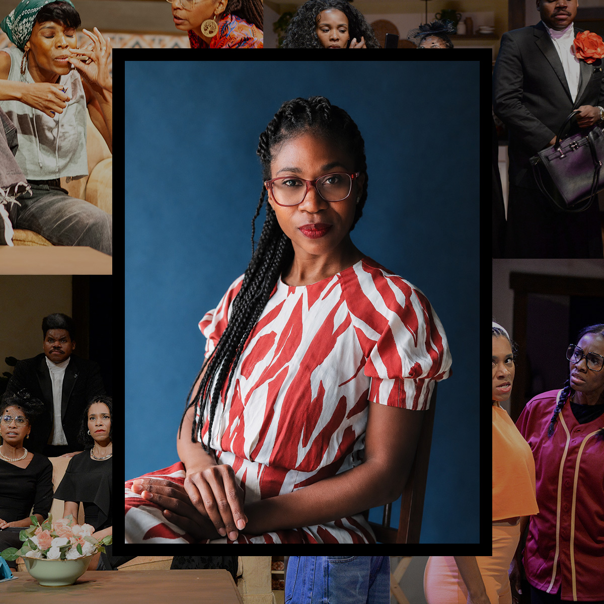 A collage of production photos from the play 'The Peterson Show,' with a portrait of playwright Janine Nabers at the center.