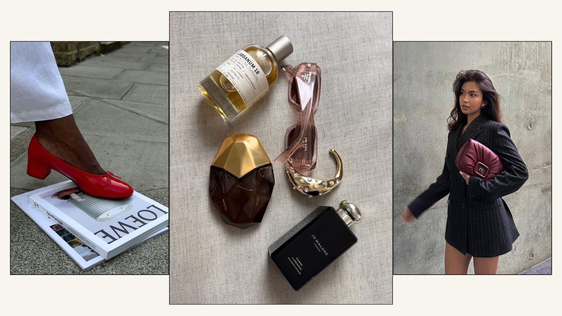 A collage showing fashion and lifestyle imagery containing clothing, shoes, perfume and fashion accessories; courtesy of @_livmadeline; @deniseprimbet; @mishti.rahman