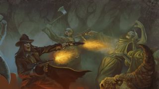 Caleb blasts oncoming cultists with a sawed-off shotgun and a tommy gun.